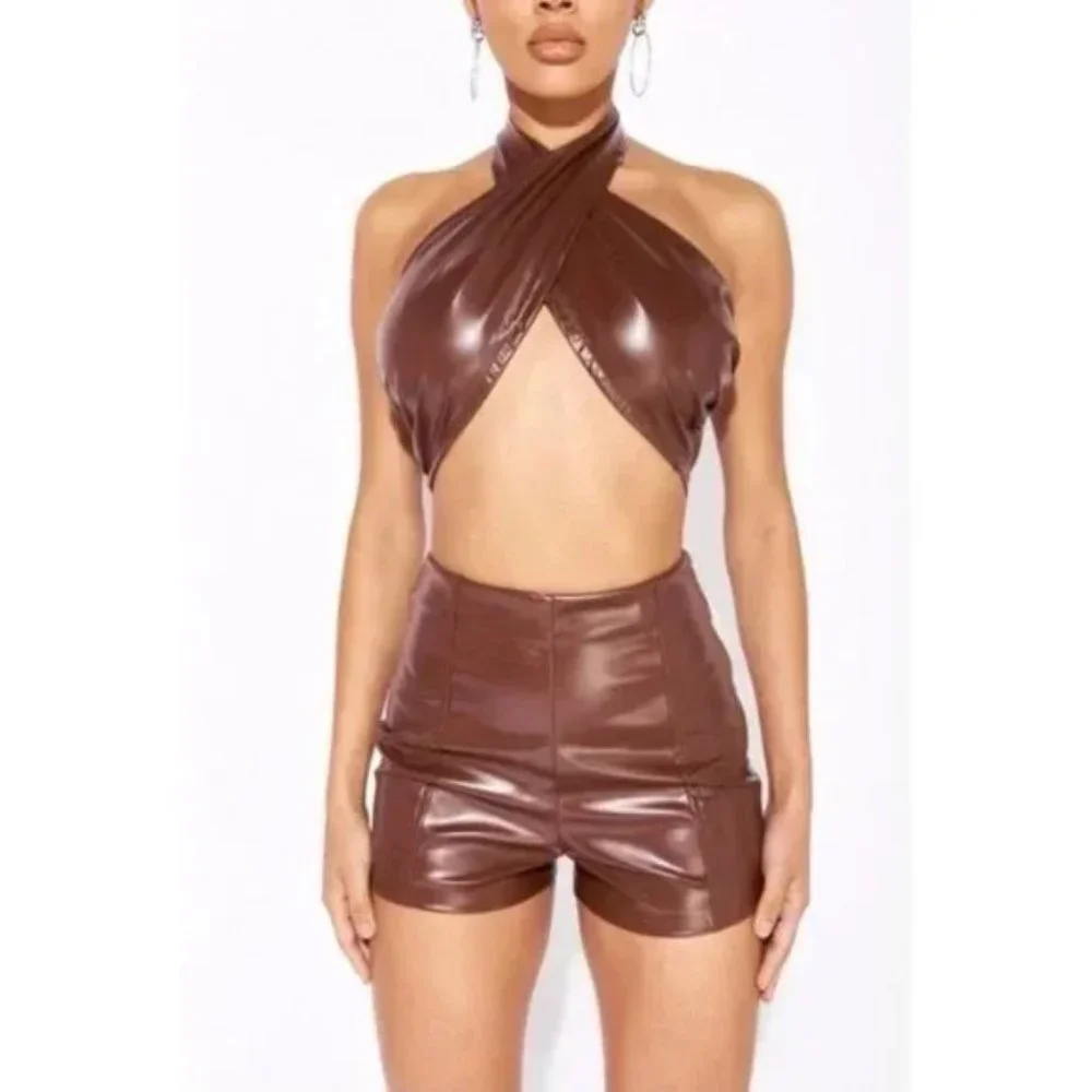 Brown Faux Leather Vegan Leather Sleeveless Halter Neck Open Back Crop Top - Picture 11 of 13